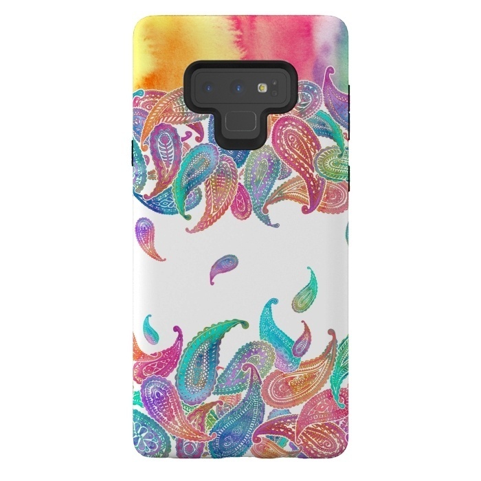 Galaxy Note 9 StrongFit Rainbow Paisley Rain on White by Micklyn Le Feuvre
