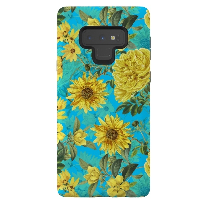 Galaxy Note 9 StrongFit Sunflowers and Yellow Roses on Teal Pattern by  Utart