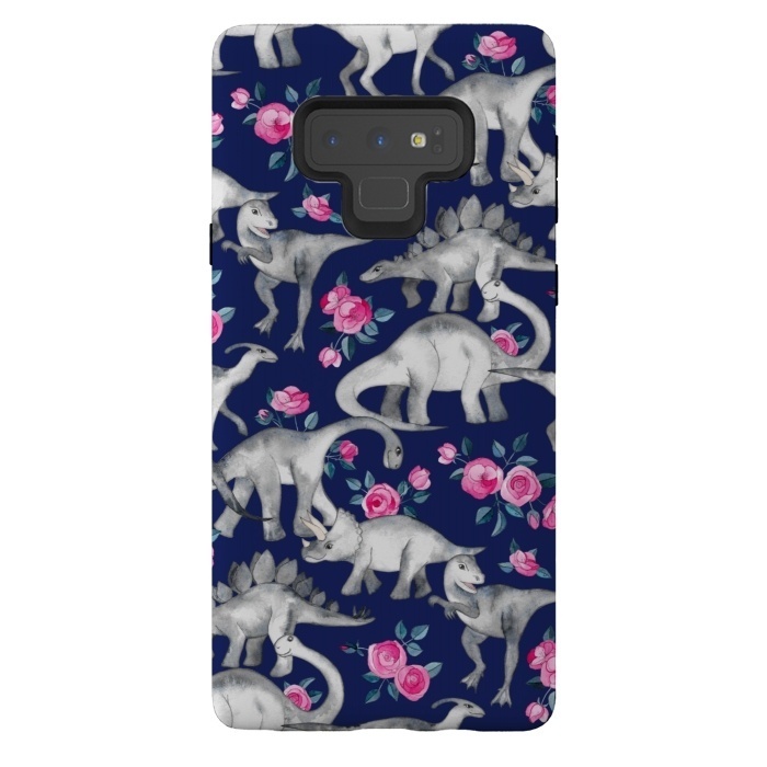 Galaxy Note 9 StrongFit Dinosaurs and Roses on Dark Blue Purple by Micklyn Le Feuvre