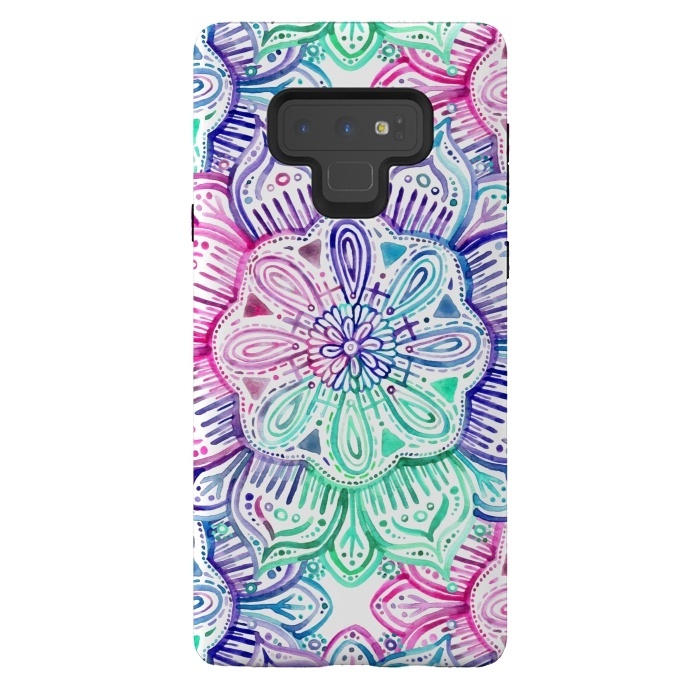 Galaxy Note 9 StrongFit Watercolor Mandala in Mint, Magenta and Purple by Micklyn Le Feuvre