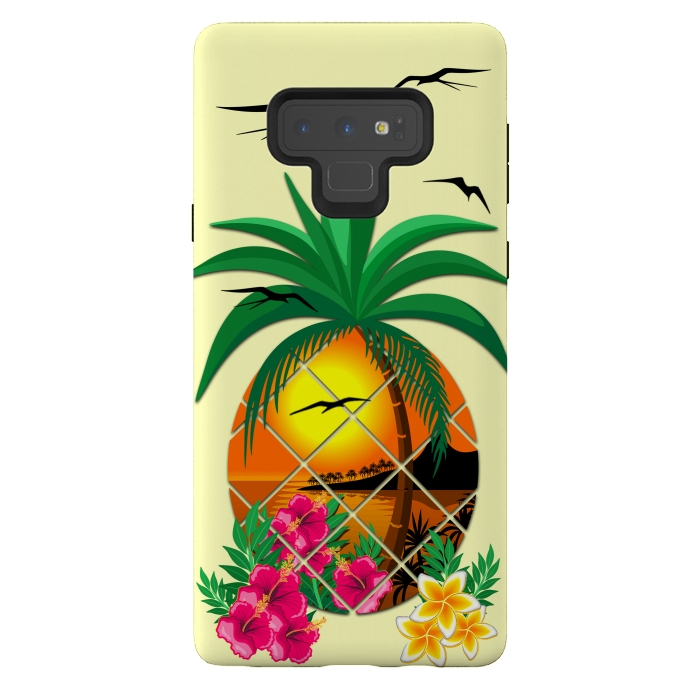 Galaxy Note 9 StrongFit Pineapple Tropical Sunset, Palm Tree and Flowers by BluedarkArt