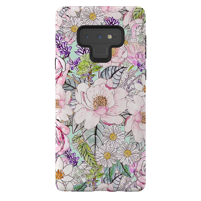 Galaxy Note 9 StrongFit Watercolor garden peonies floral hand paint  by InovArts