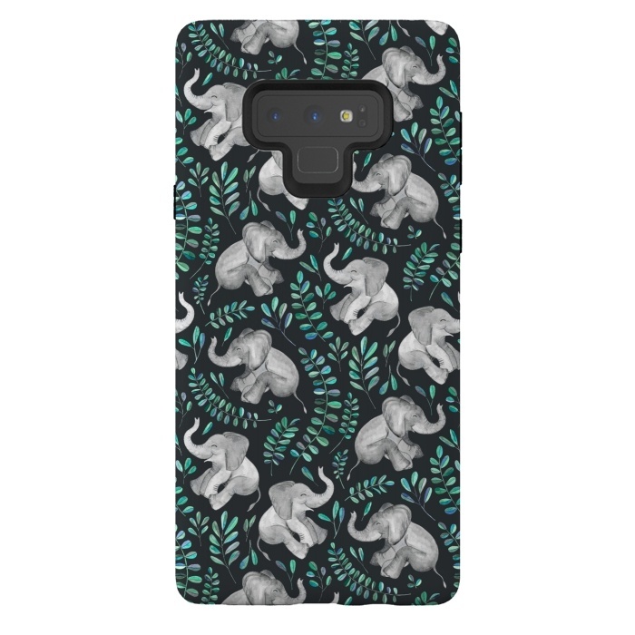 Galaxy Note 9 StrongFit Laughing Baby Elephants by Micklyn Le Feuvre