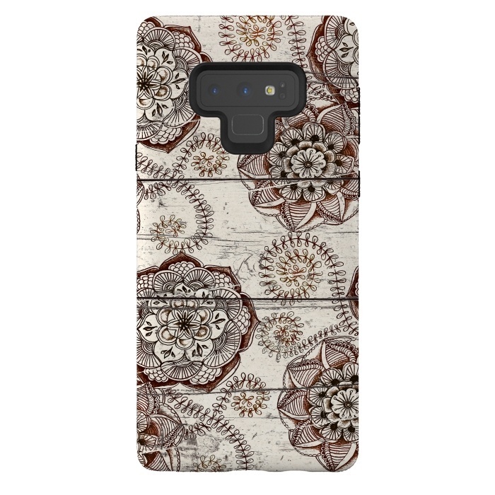 Galaxy Note 9 StrongFit Coffee & Cocoa - brown & cream floral doodles on wood by Micklyn Le Feuvre