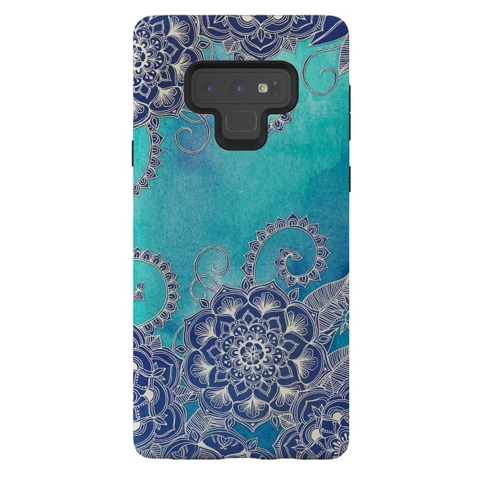 Galaxy Note 9 StrongFit Mermaid's Garden - Navy & Teal Floral on Watercolor by Micklyn Le Feuvre
