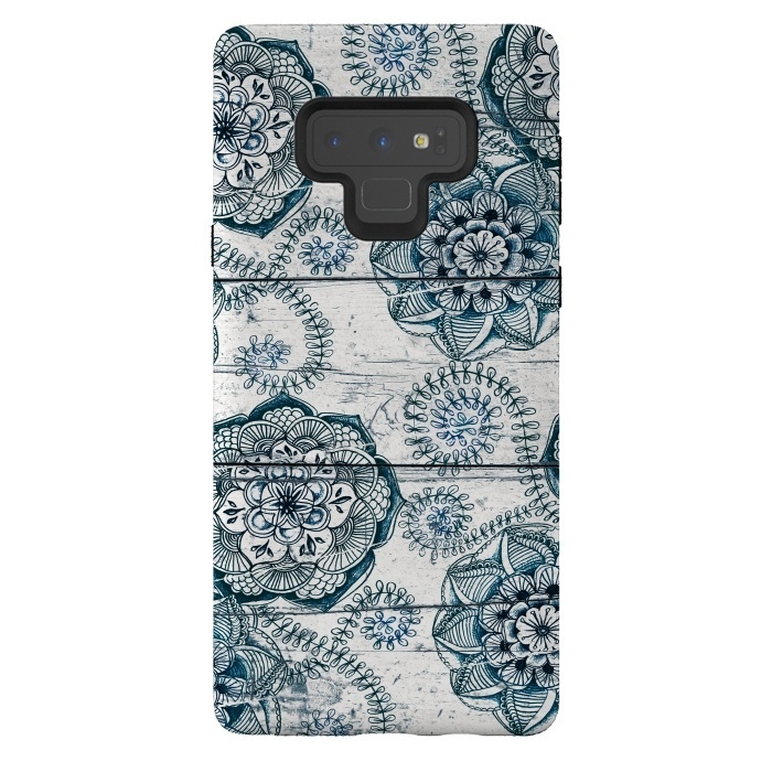 Galaxy Note 9 StrongFit Navy Blue Floral Doodles on Wood by Micklyn Le Feuvre
