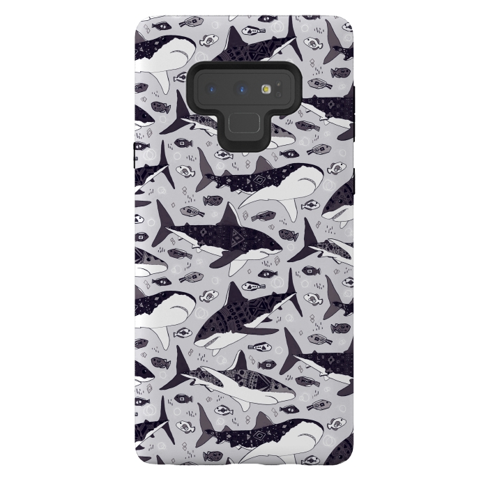 Galaxy Note 9 StrongFit Black & White Tribal Sharks & Fish  by Tigatiga