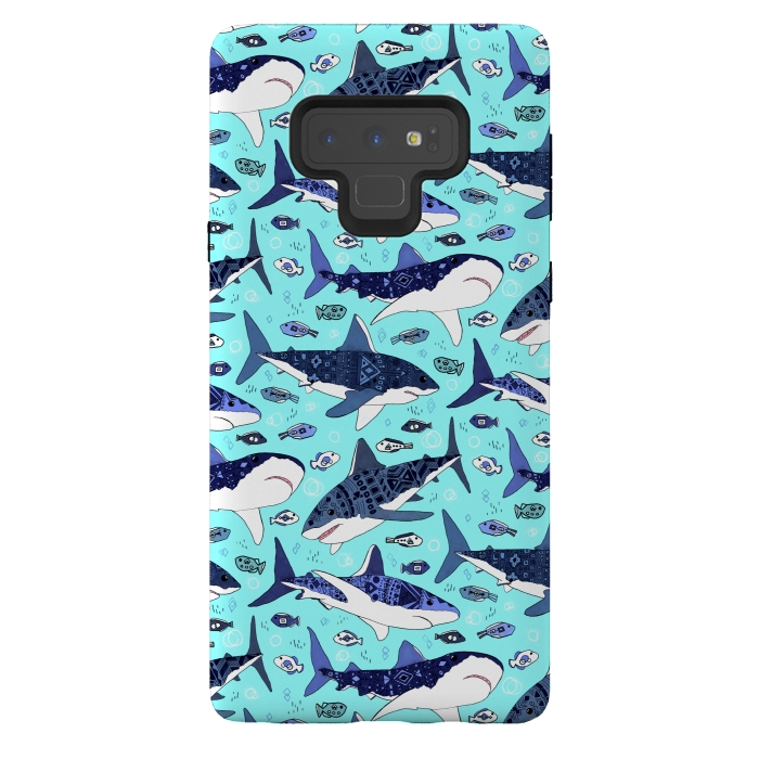 Galaxy Note 9 StrongFit Tribal Sharks & Fish On Aqua by Tigatiga
