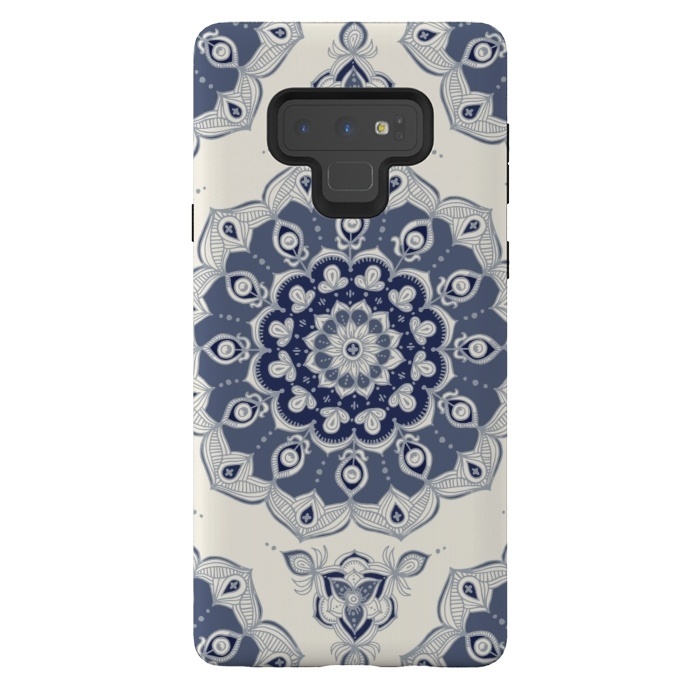 Galaxy Note 9 StrongFit Grey Blue Monochrome Floral Mandala by Micklyn Le Feuvre