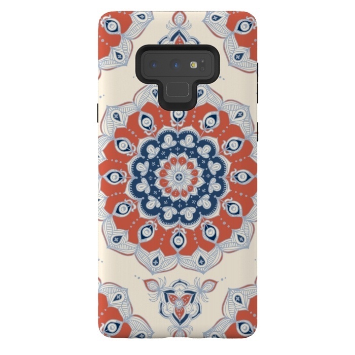 Galaxy Note 9 StrongFit Red, Blue and Cream Floral Mandala by Micklyn Le Feuvre