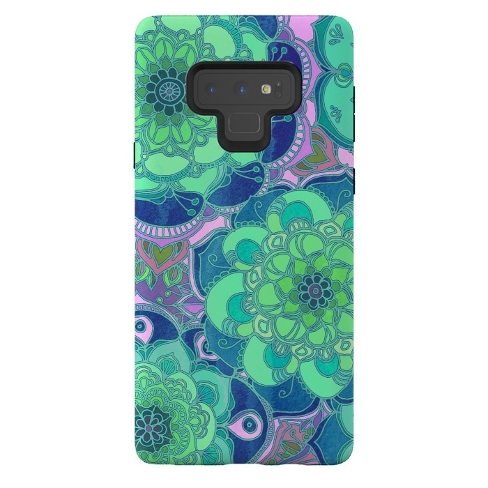 Galaxy Note 9 StrongFit Fantasy Flowers in Mint Green & Purple by Micklyn Le Feuvre