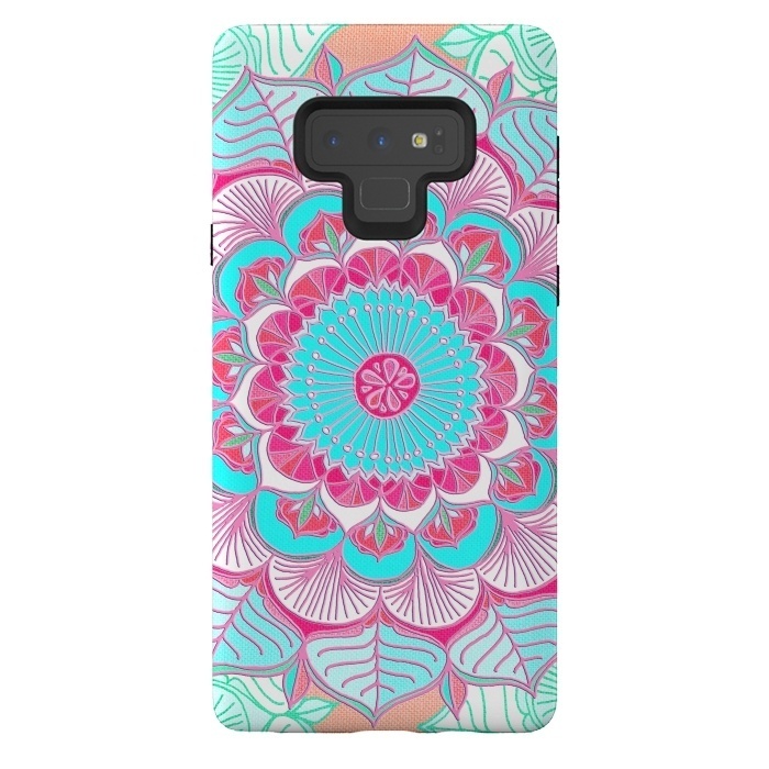 Galaxy Note 9 StrongFit Tropical Doodle Flower in Pink & Aqua by Micklyn Le Feuvre