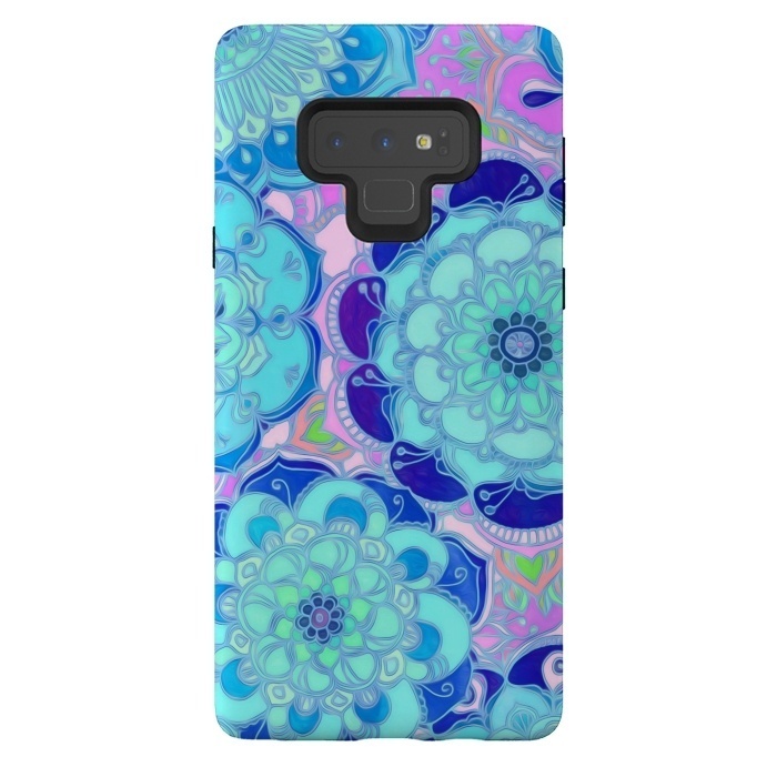Galaxy Note 9 StrongFit Radiant Cyan & Purple Stained Glass Floral Mandalas by Micklyn Le Feuvre