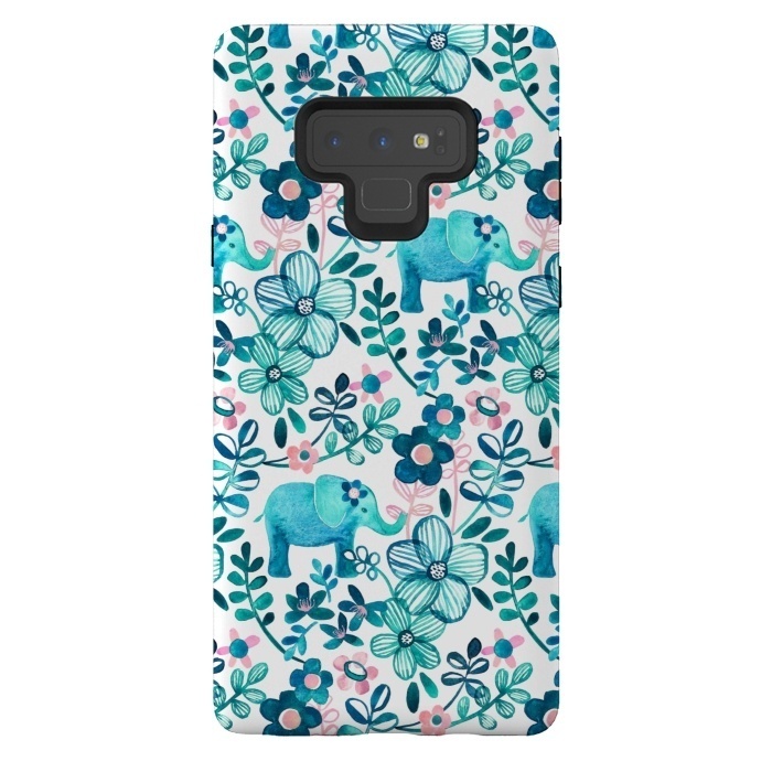 Galaxy Note 9 StrongFit Little Teal Elephant Watercolor Floral on White by Micklyn Le Feuvre