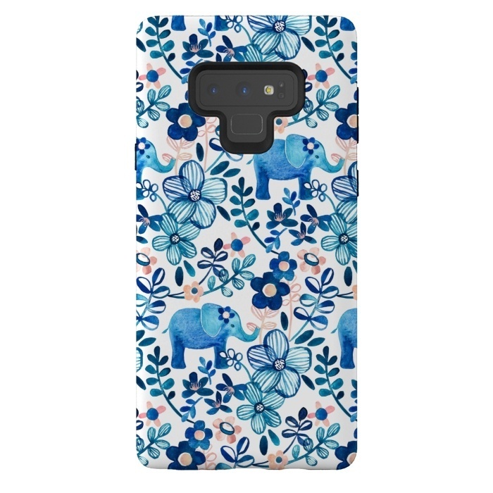 Galaxy Note 9 StrongFit Little Blue Elephant Watercolor Floral on White by Micklyn Le Feuvre