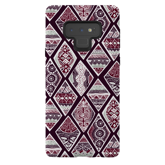 Galaxy Note 9 StrongFit Tribal Diamonds On Red, White & Sage  by Tigatiga