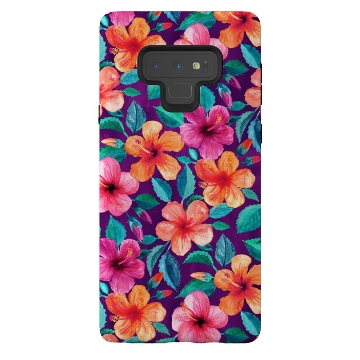 Galaxy Note 9 StrongFit Little Bright Hibiscus Blooms in Watercolor on Purple by Micklyn Le Feuvre