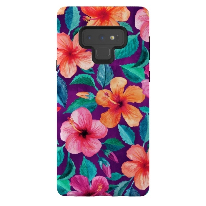 Galaxy Note 9 StrongFit Bright Hibiscus Blooms in Watercolor on Purple by Micklyn Le Feuvre