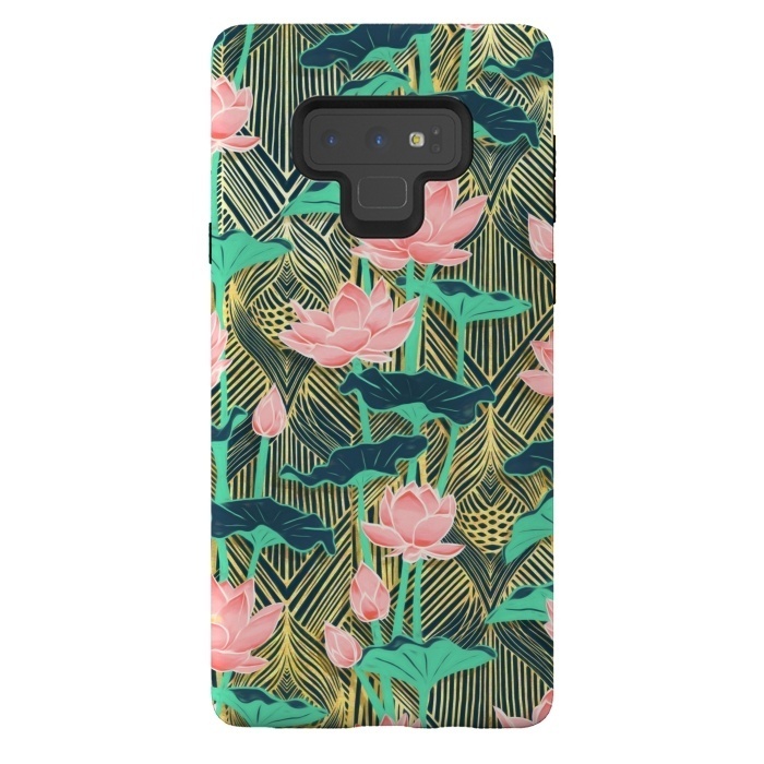 Galaxy Note 9 StrongFit Art Deco Lotus Flowers in Peach & Emerald by Micklyn Le Feuvre