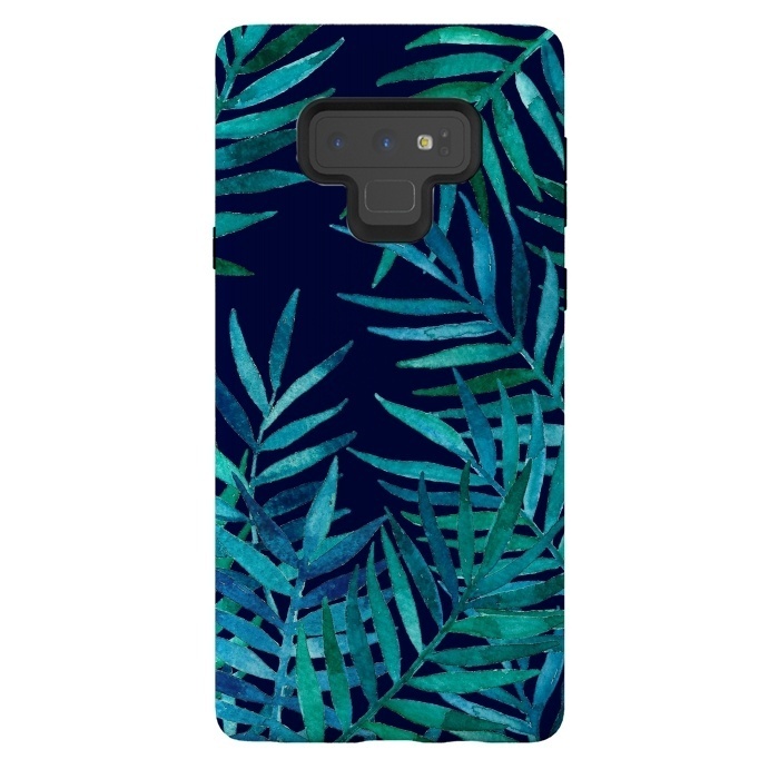 Galaxy Note 9 StrongFit Watercolor Palm Leaves on Navy Blue by Micklyn Le Feuvre