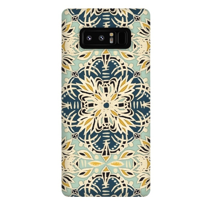 Galaxy Note 8 StrongFit Protea Pattern in Deep Teal, Cream, Sage Green & Yellow Ocher by Micklyn Le Feuvre