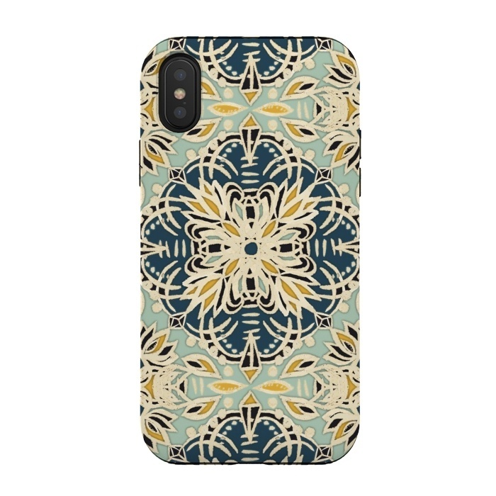 iPhone Xs / X StrongFit Protea Pattern in Deep Teal, Cream, Sage Green & Yellow Ocher by Micklyn Le Feuvre