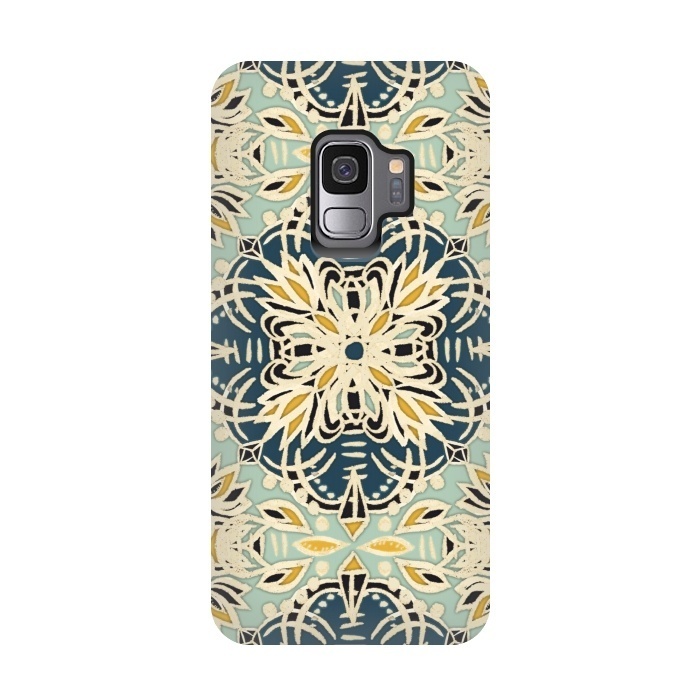 Galaxy S9 StrongFit Protea Pattern in Deep Teal, Cream, Sage Green & Yellow Ocher by Micklyn Le Feuvre
