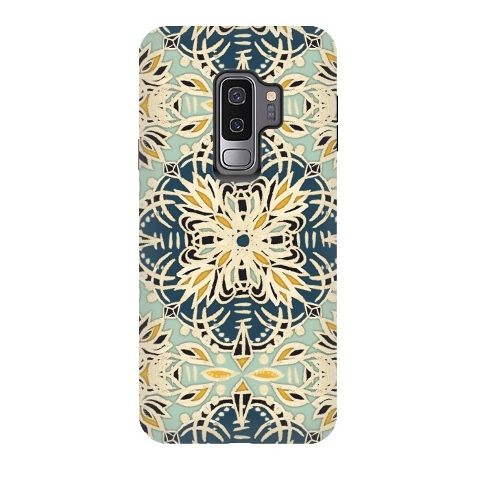 Galaxy S9 plus StrongFit Protea Pattern in Deep Teal, Cream, Sage Green & Yellow Ocher by Micklyn Le Feuvre
