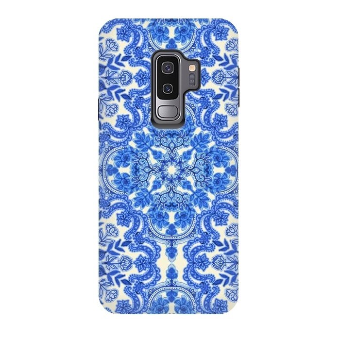 Galaxy S9 plus StrongFit Cobalt Blue and China White Folk Art Pattern by Micklyn Le Feuvre