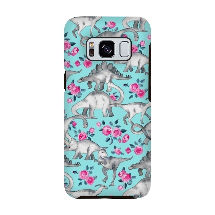 Galaxy S8 StrongFit Dinosaurs and Roses on Turquoise by Micklyn Le Feuvre