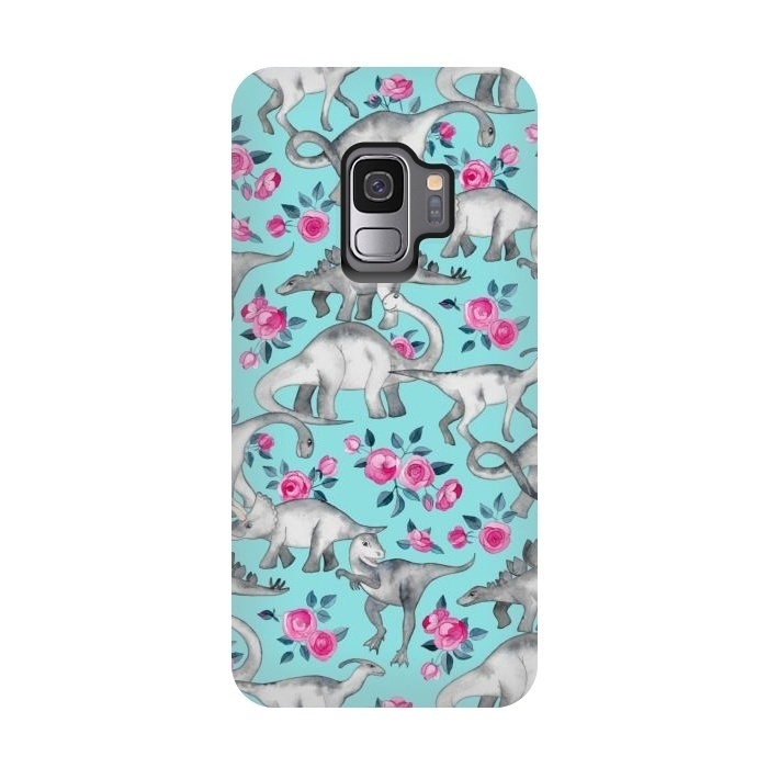 Galaxy S9 StrongFit Dinosaurs and Roses on Turquoise by Micklyn Le Feuvre