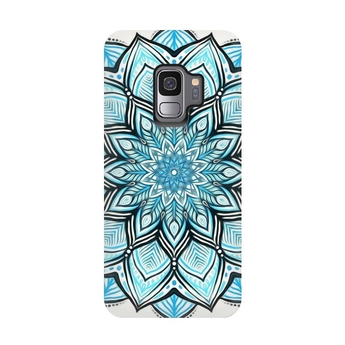 Galaxy S9 StrongFit Turquoise Tribal Mandala on White by Micklyn Le Feuvre