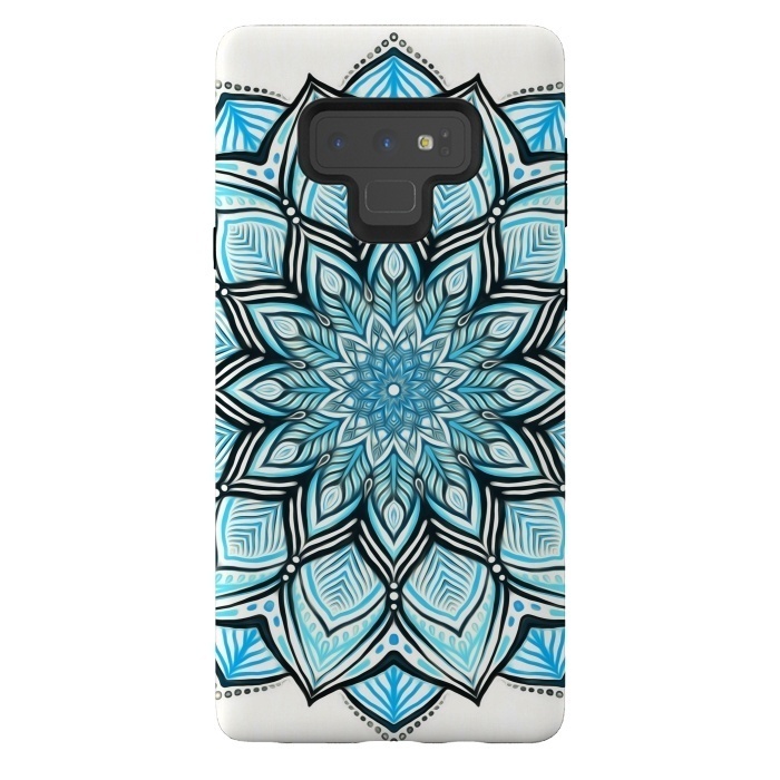 Galaxy Note 9 StrongFit Turquoise Tribal Mandala on White by Micklyn Le Feuvre