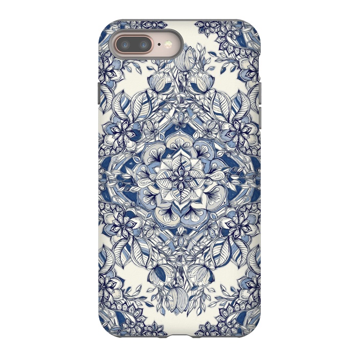 iPhone 7 plus StrongFit Floral Diamond Doodle in Dark Blue and Cream by Micklyn Le Feuvre