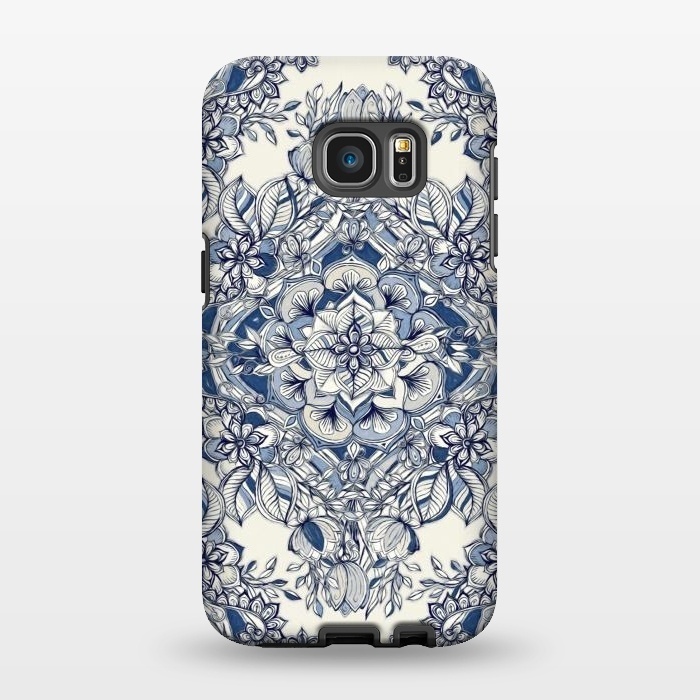 Galaxy S7 EDGE StrongFit Floral Diamond Doodle in Dark Blue and Cream by Micklyn Le Feuvre