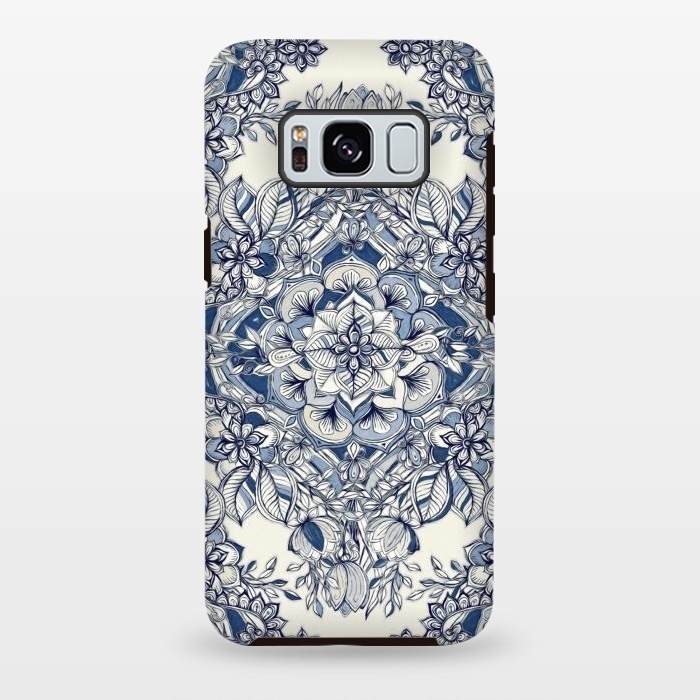 Galaxy S8 plus StrongFit Floral Diamond Doodle in Dark Blue and Cream by Micklyn Le Feuvre