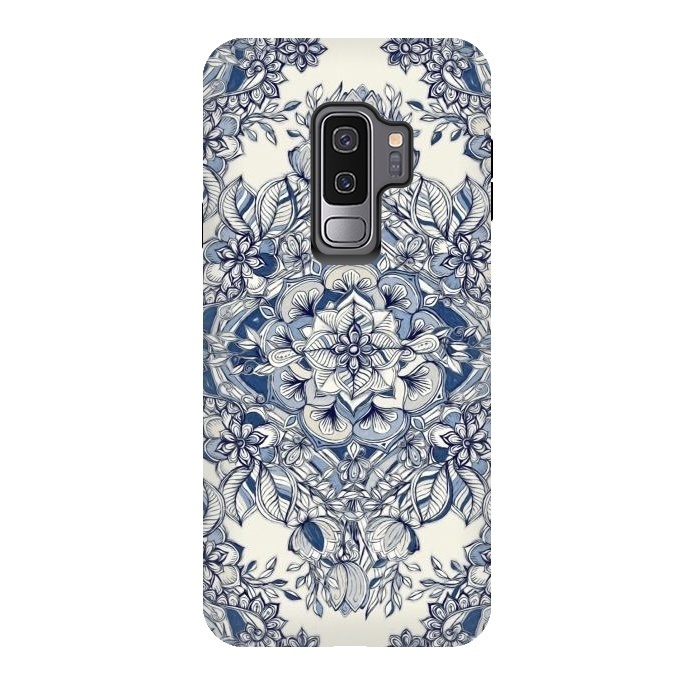 Galaxy S9 plus StrongFit Floral Diamond Doodle in Dark Blue and Cream by Micklyn Le Feuvre
