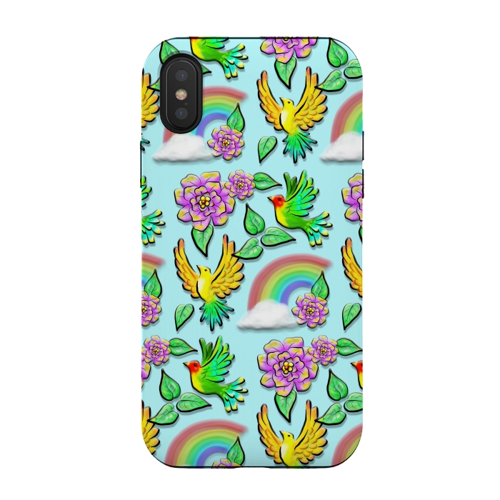 iPhone Xs / X StrongFit Birds Flowers and Rainbows Doodle Pattern by BluedarkArt