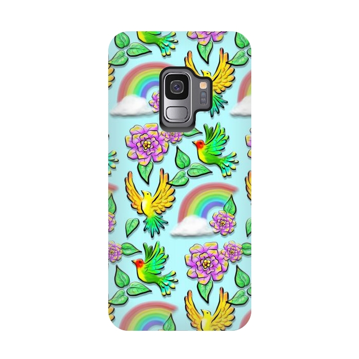 Galaxy S9 StrongFit Birds Flowers and Rainbows Doodle Pattern by BluedarkArt