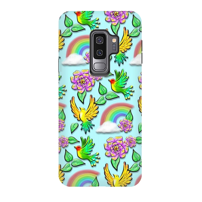 Galaxy S9 plus StrongFit Birds Flowers and Rainbows Doodle Pattern by BluedarkArt