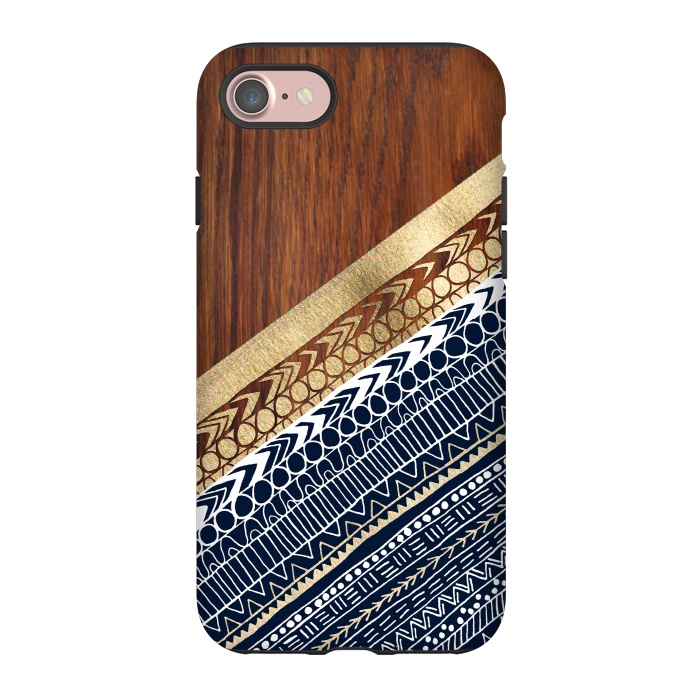 iPhone 7 StrongFit Navy & Gold Tribal on Wood by Tangerine-Tane