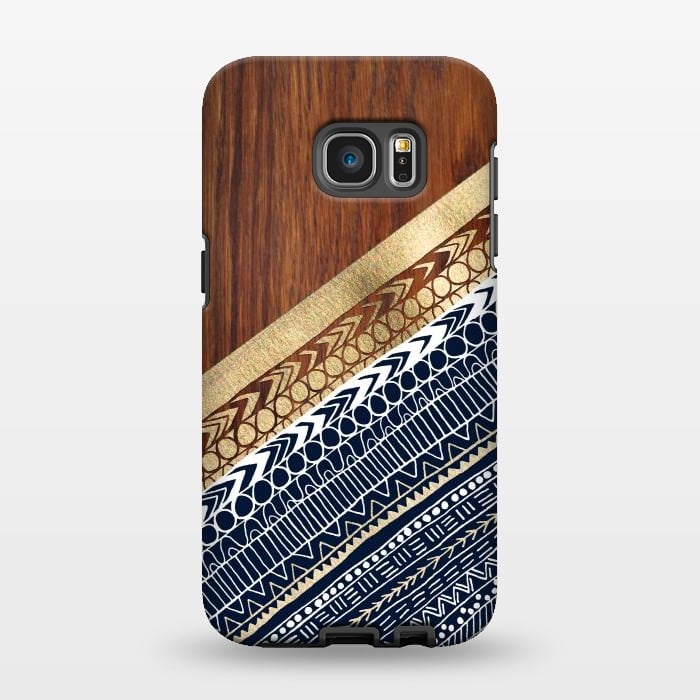 Galaxy S7 EDGE StrongFit Navy & Gold Tribal on Wood by Tangerine-Tane