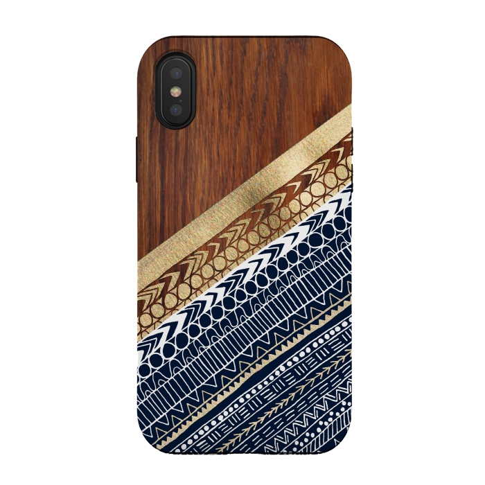 iPhone Xs / X StrongFit Navy & Gold Tribal on Wood by Tangerine-Tane