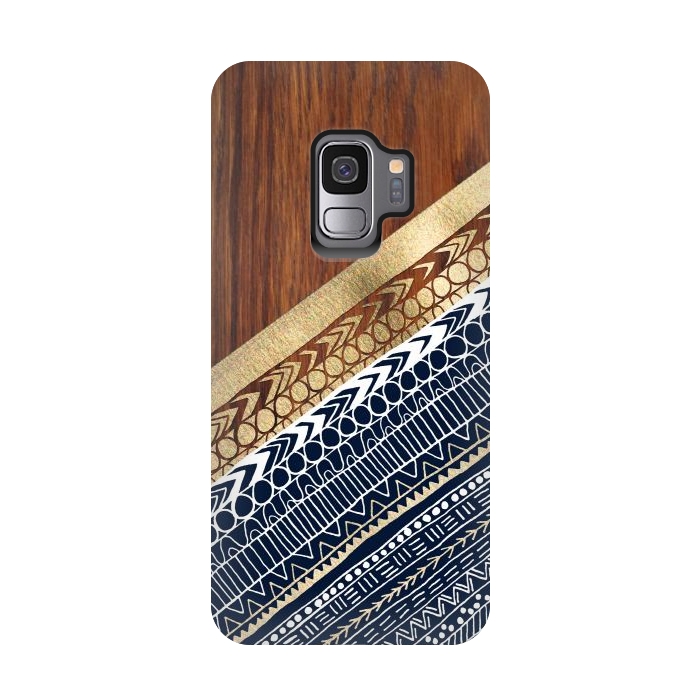 Galaxy S9 StrongFit Navy & Gold Tribal on Wood by Tangerine-Tane