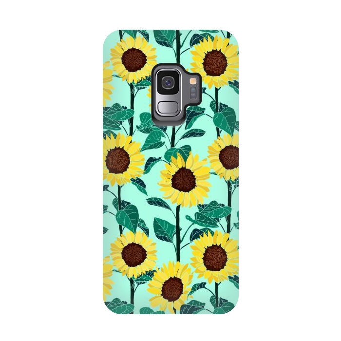 Galaxy S9 StrongFit Sunny Sunflowers - Mint  by Tigatiga