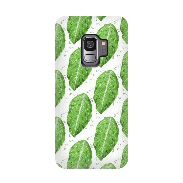 Galaxy S9 StrongFit Swirly Green Leaf Pattern by Boriana Giormova