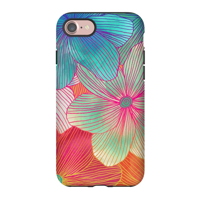 iPhone 7 StrongFit Between the Lines - tropical flowers in pink, orange, blue & mint by Micklyn Le Feuvre