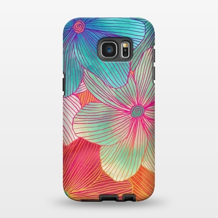 Galaxy S7 EDGE StrongFit Between the Lines - tropical flowers in pink, orange, blue & mint by Micklyn Le Feuvre