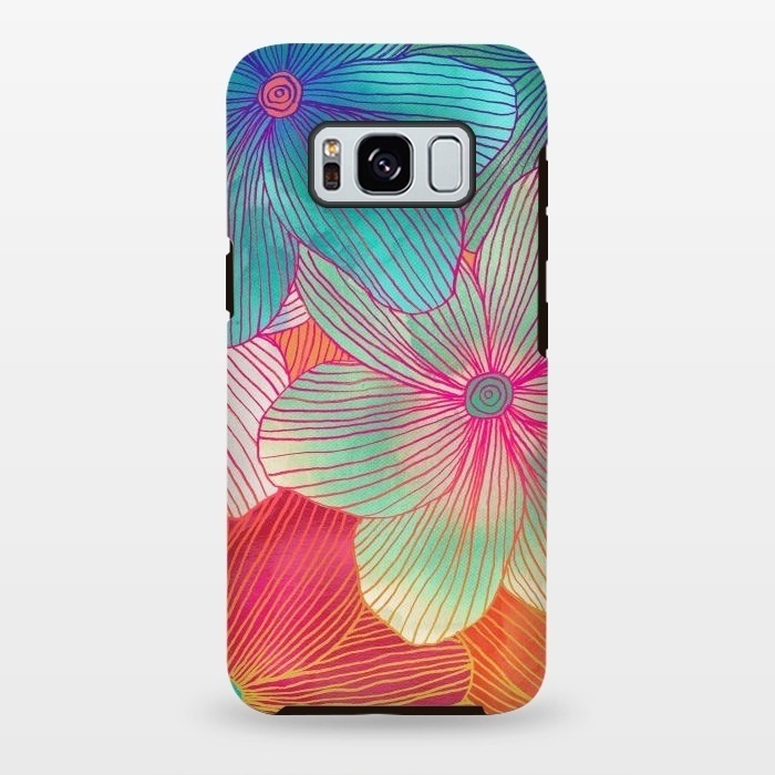 Galaxy S8 plus StrongFit Between the Lines - tropical flowers in pink, orange, blue & mint by Micklyn Le Feuvre