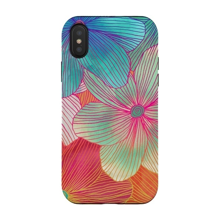 iPhone Xs / X StrongFit Between the Lines - tropical flowers in pink, orange, blue & mint by Micklyn Le Feuvre